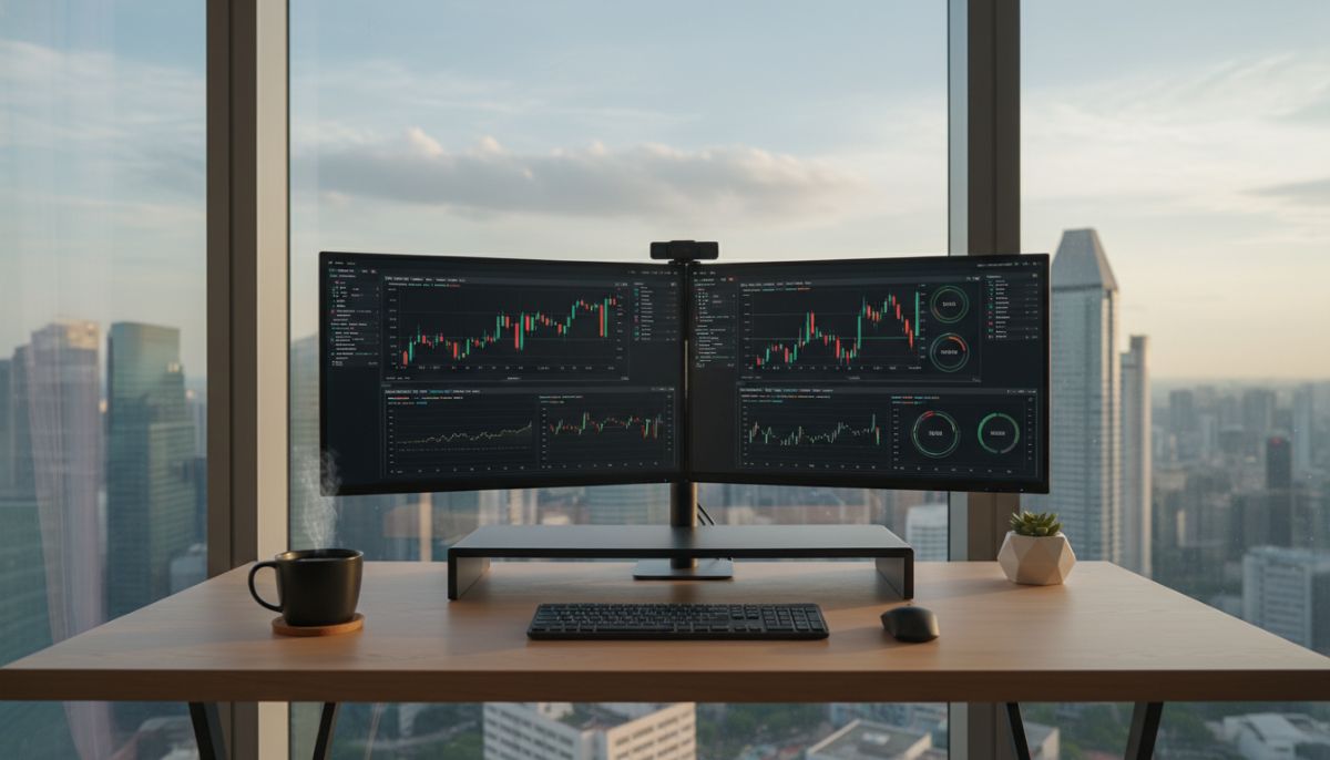 A professional minimalist workspace of an expat entrepreneur in a modern high-rise in Singapore, showing a dual-monitor setup with financial graphs, a cup of coffee, and a view of the city skyline through the window, professional and highly detailed 8k photography