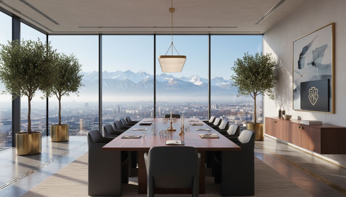 A luxurious private family office boardroom in Zurich, featuring high-end mahogany tables, minimalist modern design, a panoramic view of the snow-capped Swiss Alps through floor-to-ceiling windows, and elegant brass decor, reflecting heritage and high-net-worth business setup