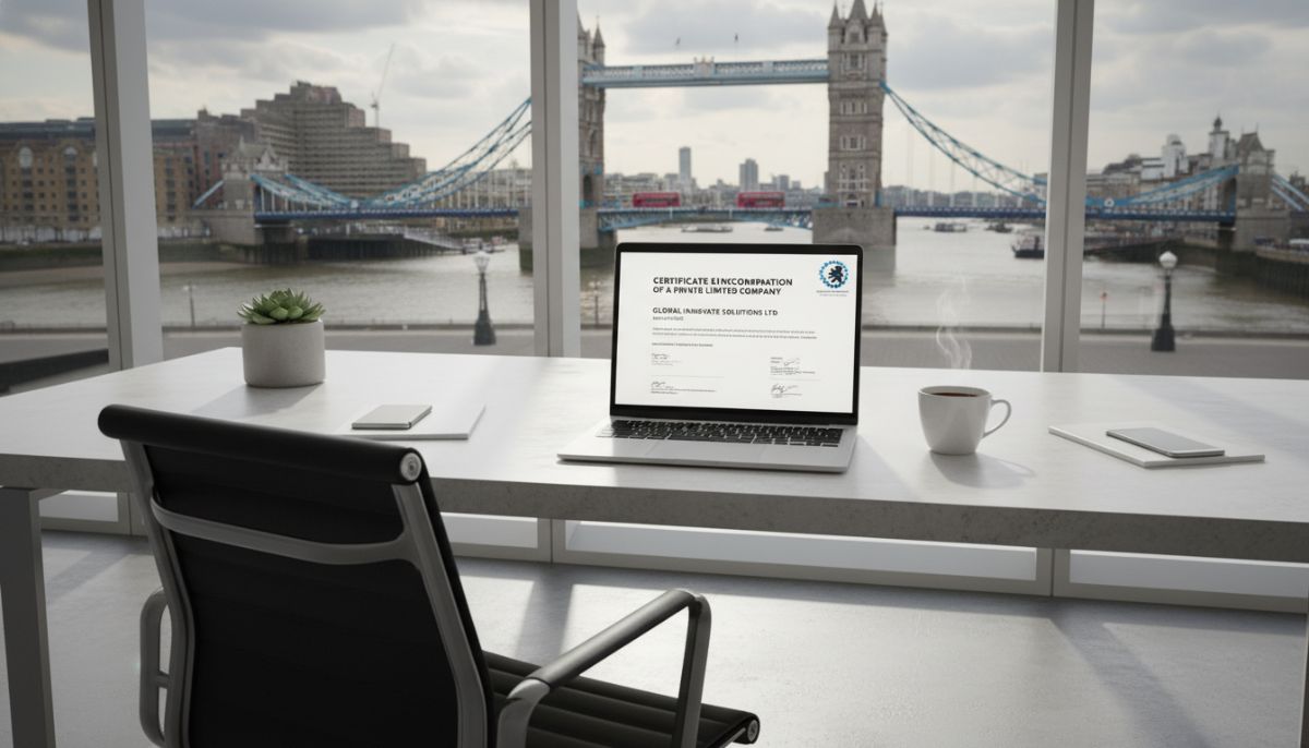A professional modern workspace in London with a laptop displaying UK company registration documents, a cup of coffee, and a view of the Tower Bridge through the window, highly detailed, photorealistic