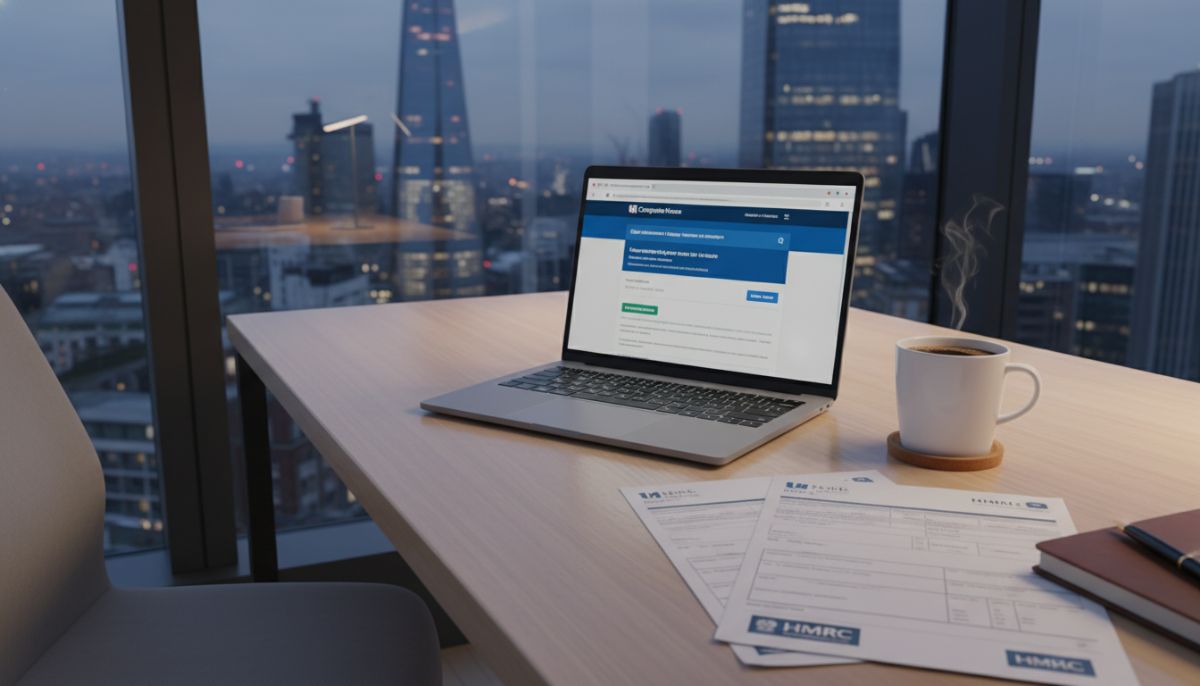 A professional modern workspace in London with a laptop showing the UK Companies House registration portal, a cup of coffee, and UK tax documents nearby, highly detailed, photorealistic