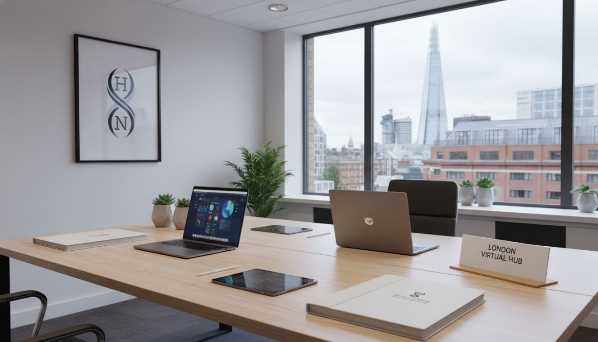 A professional modern workspace in London with laptops, corporate documents, and a clean minimalist aesthetic, representing UK virtual office services for international entrepreneurs.