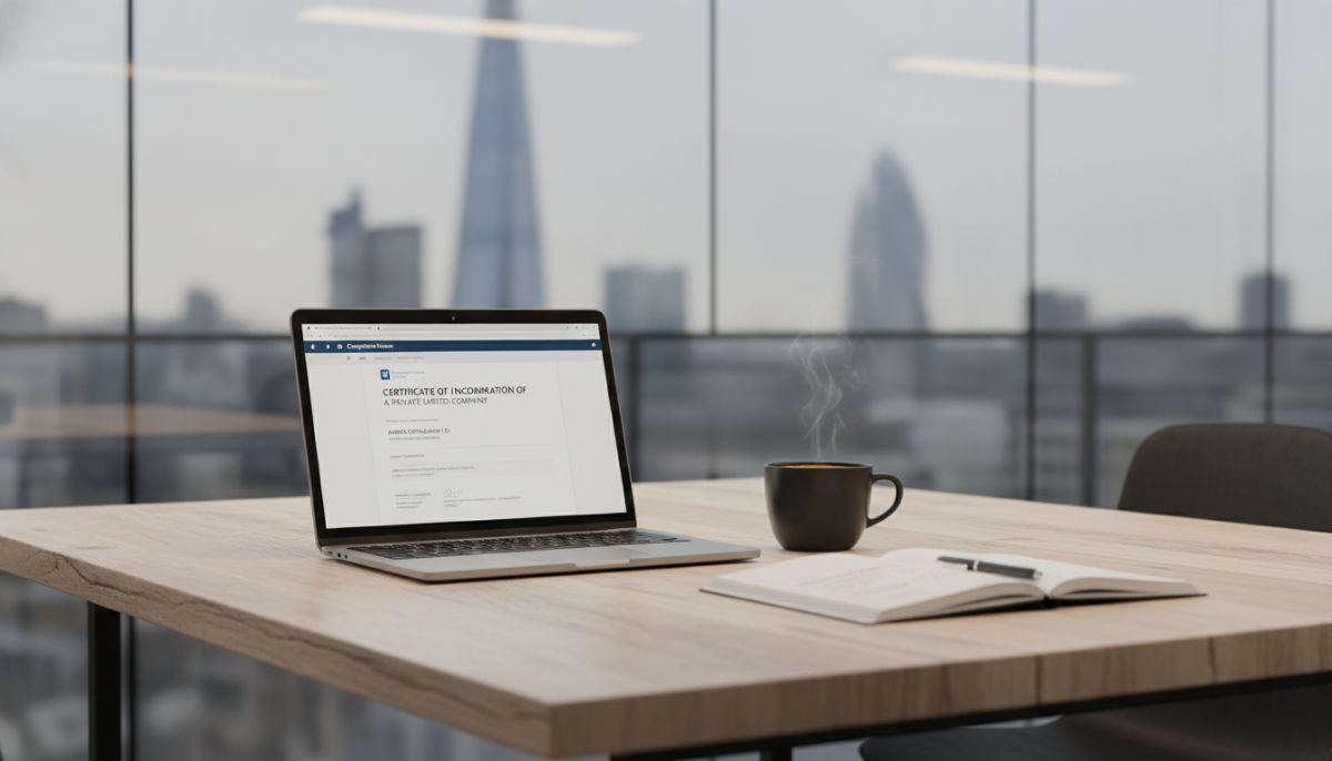 A professional, minimalist office desk in London with a laptop displaying a business registration confirmation from Companies House, a cup of coffee, and a notebook on a wooden table, soft corporate lighting