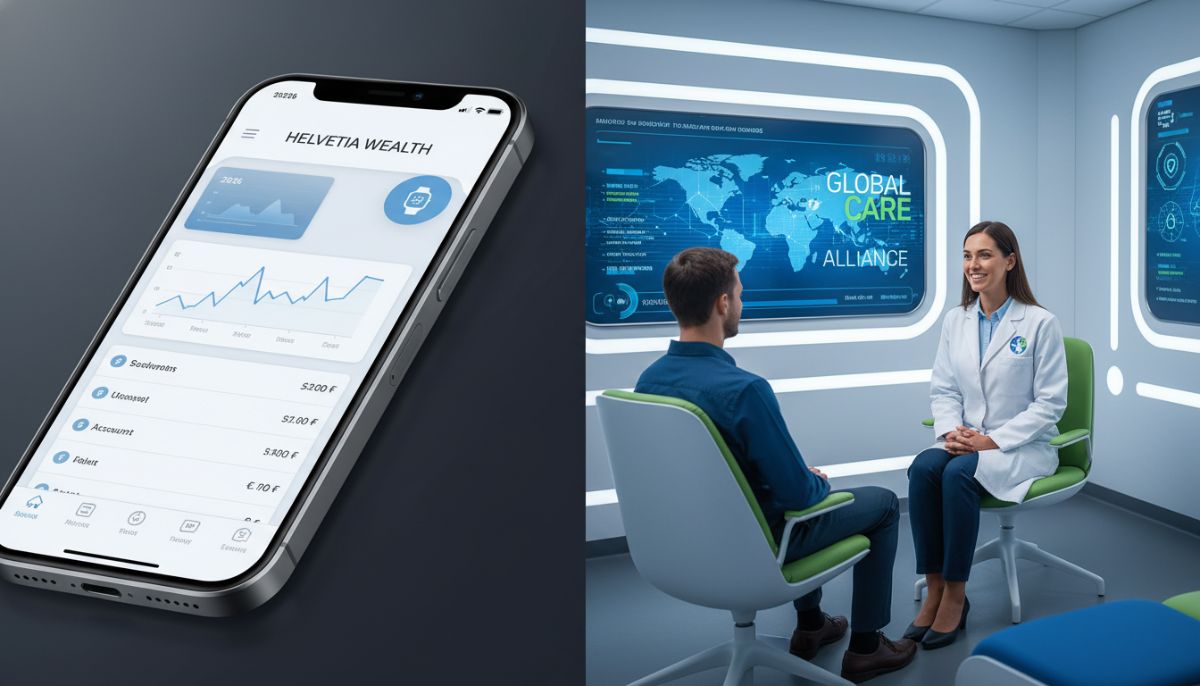 A professional split-screen photo showing a sleek Swiss private banking app on a modern smartphone screen on one side, and a modern medical clinic consulting room with global healthcare branding on the other, representing the fusion of elite expat banking and global insurance in 2026, corporate color palette, high-resolution commercial photography