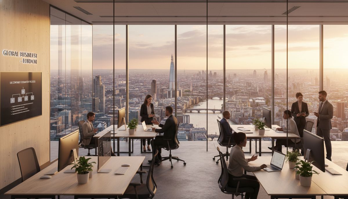 A professional, modern workspace in London overlooking the iconic skyline, representing a business environment for setting up a company in the UK for foreigners.