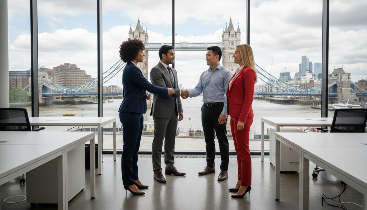 A professional, high-quality photograph of a diverse group of corporate professionals shaking hands in a modern, glass-walled office in London, with the iconic Tower Bridge visible in the background through the window.