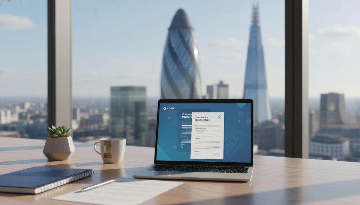 A corporate desk setting in a modern London high-rise office, featuring a laptop showing corporate registration documents, a stylish notepad, and a glass window overlooking the Gherkin skyscraper under clear morning skies, professional photography style