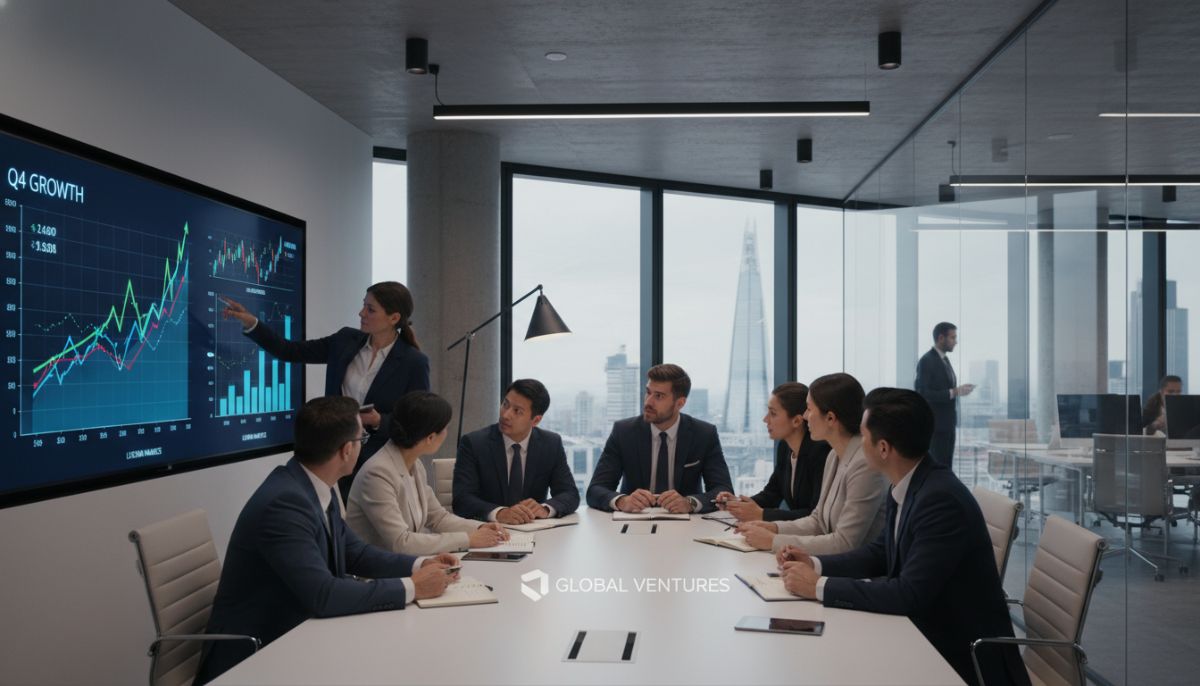 A diverse team of professional entrepreneurs in a modern London conference room analyzing financial charts on a large screen, professional lighting, corporate setting