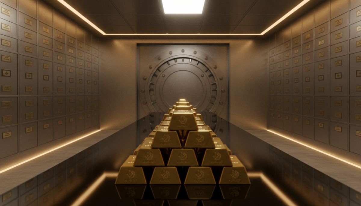 A high-security corporate vault room with rows of secure safety deposit boxes, glowing warm security lights, and gold bullion bars neatly arranged on a sleek table in the foreground, professional financial photography style