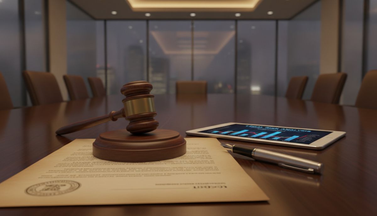 A professional modern boardroom scene with a wooden gavel resting on top of a legal document, next to a sleek pen and a digital tablet showing legal risk analysis charts, photorealistic, 8k resolution, elegant corporate lighting.