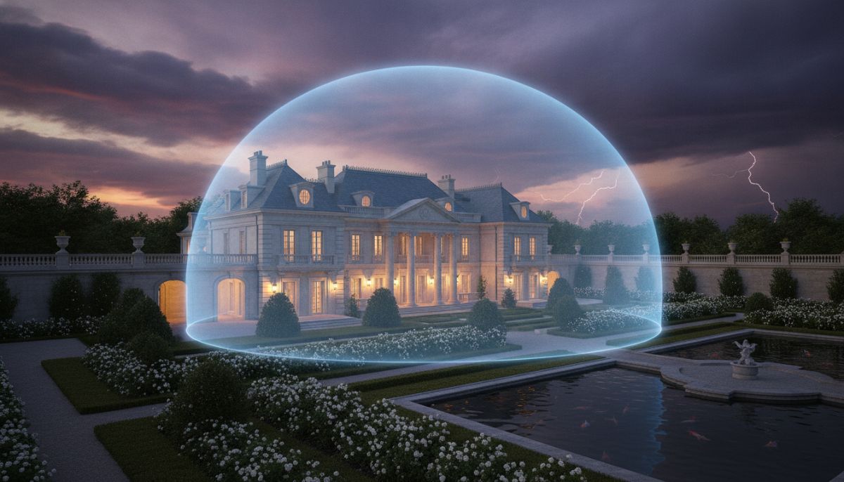 A majestic, luxury estate mansion surrounded by manicured gardens under a dramatic evening sky, with a soft, glowing translucent shield overlaying the structure to symbolize comprehensive estate insurance protection, architectural photography, hyper-realistic, 8k resolution.