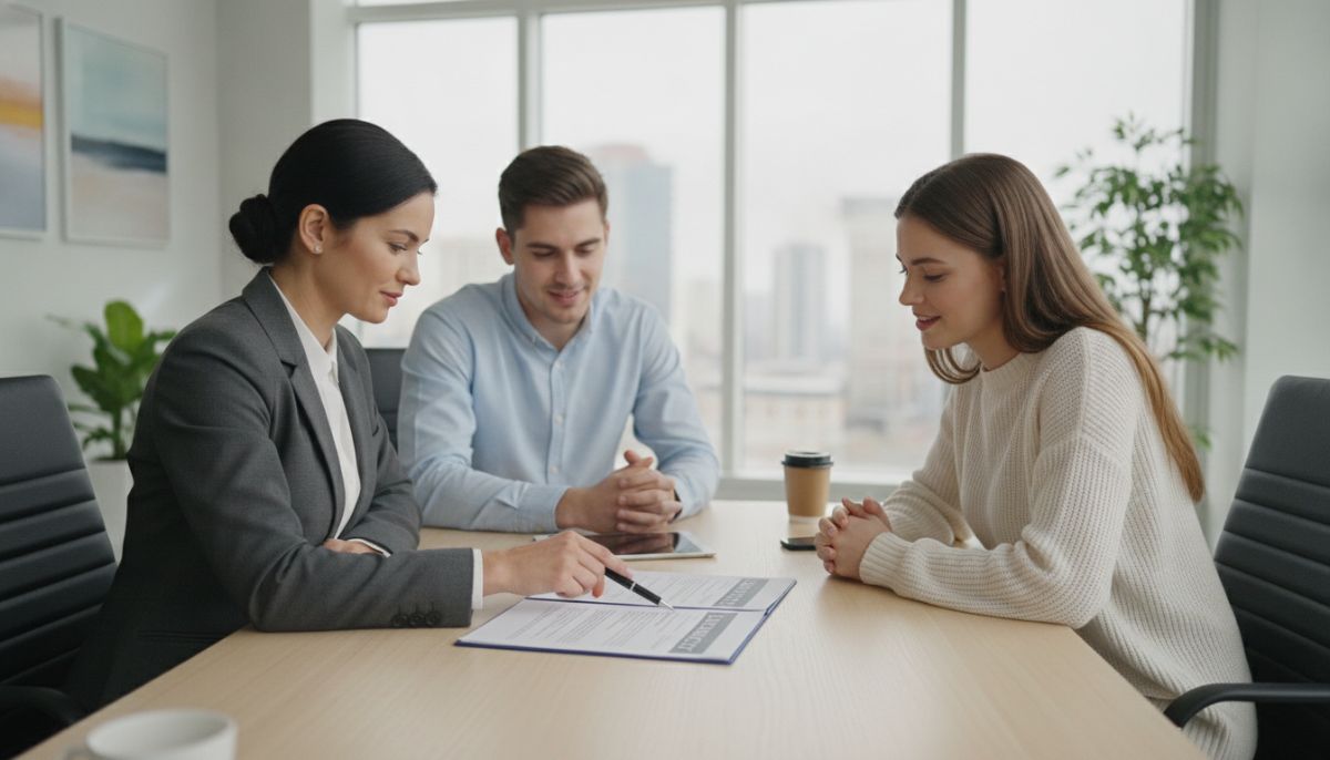 A professional financial advisor sitting with a young couple in a bright modern office, reviewing a life insurance policy document on a wooden table, professional and reassuring atmosphere.