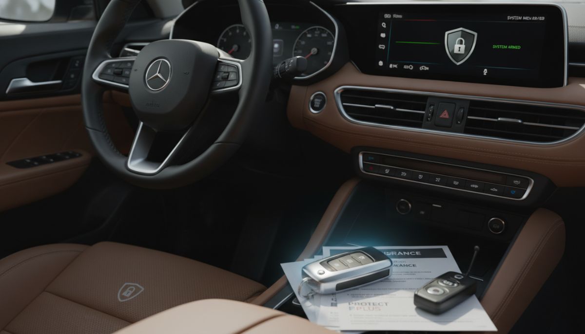 A professional close-up shot of a modern car dashboard with a sleek key fob resting on a clean, leather seat, symbolizing security, insurance, and vehicle protection, bright natural lighting.
