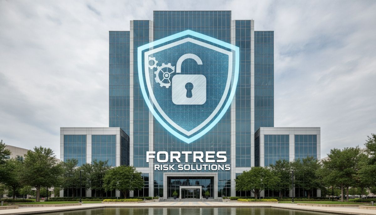 A professional modern office building with a shield overlay, symbolizing commercial insurance protection and business security, photo-realistic, architectural style, 8k resolution