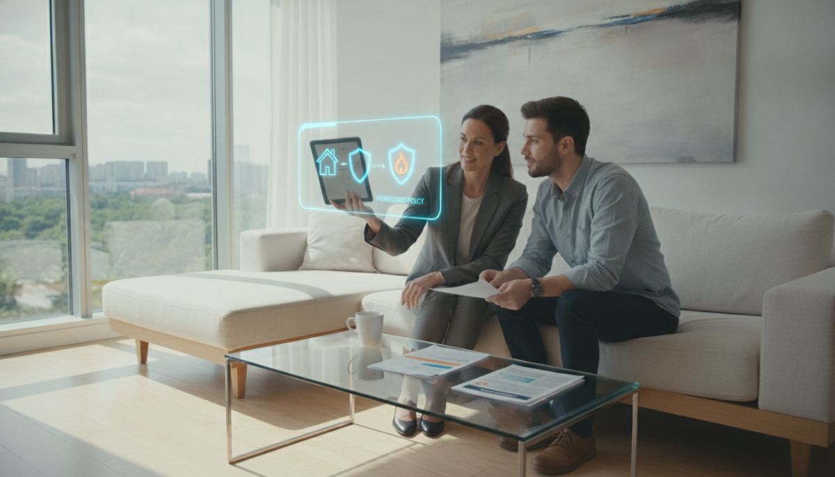 A professional insurance agent explaining a home insurance policy contract to a young couple inside a bright, modern living room, with a digital overlay showing icons of home, shield, and fire protection.