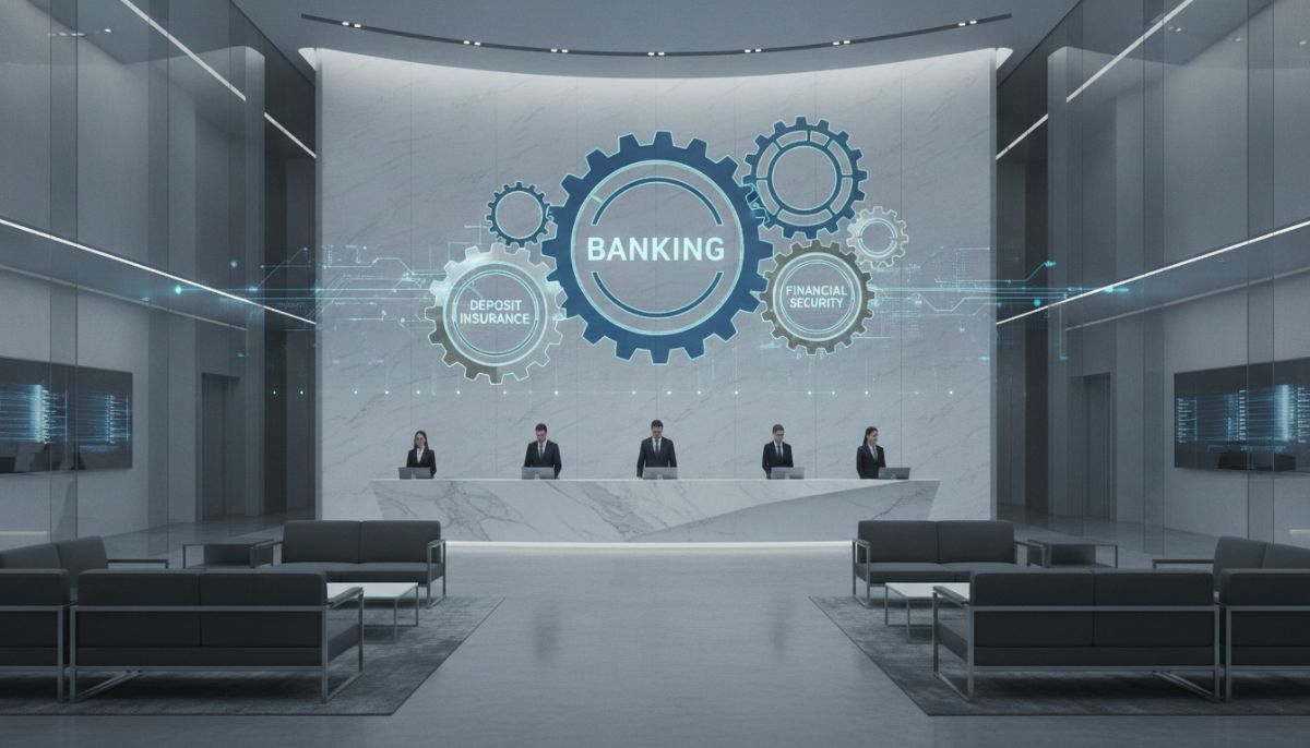 A professional modern bank interior with a digital overlay showing interlocking gears representing banking, deposit insurance, and financial security, corporate style, high-tech aesthetic